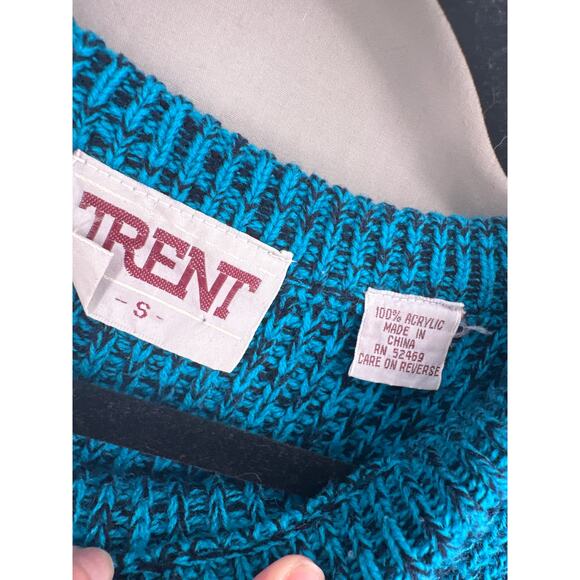 90s Vintage Sweater Womens Small Turquoise Blue Cropped Crew Neck Pullover - Picture 2 of 6